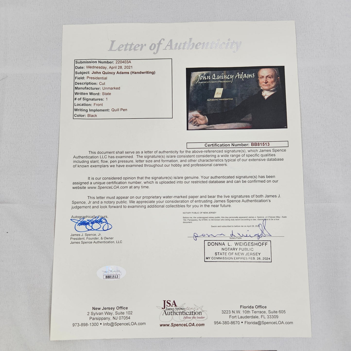 John Quincy Adams In Custom Display